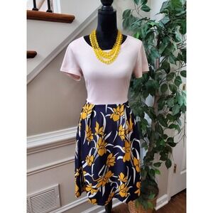 Vintage Oxiuly Blue Yellow Puffy Swing Knee Length Dress W/ Pockets Size M